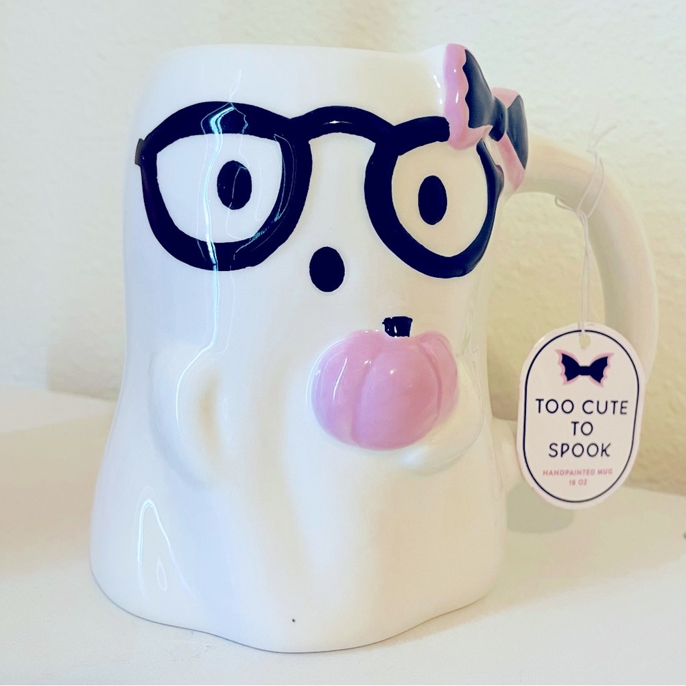 NEW To Cute to Spook Ghost Mug with glasses and pink pumpkin Fall Gift